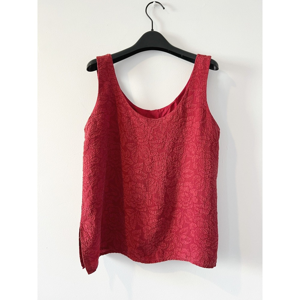 Vintage Red Silk Floral Textured Tank Top Jacquard Washed Silk Sleeveless Blouse - Picture 9 of 11
